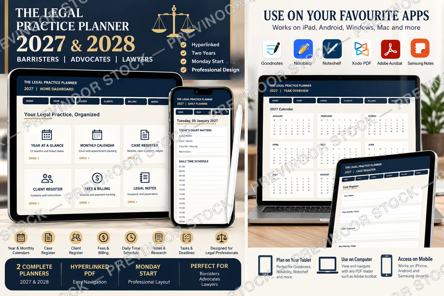 Preview of the 2027 and 2028 Legal Practice Digital Planner interface and features