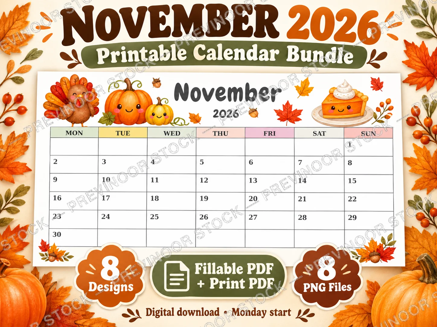 November 2026 Printable Calendar bundle thumbnail with autumn graphics and sample calendar grid