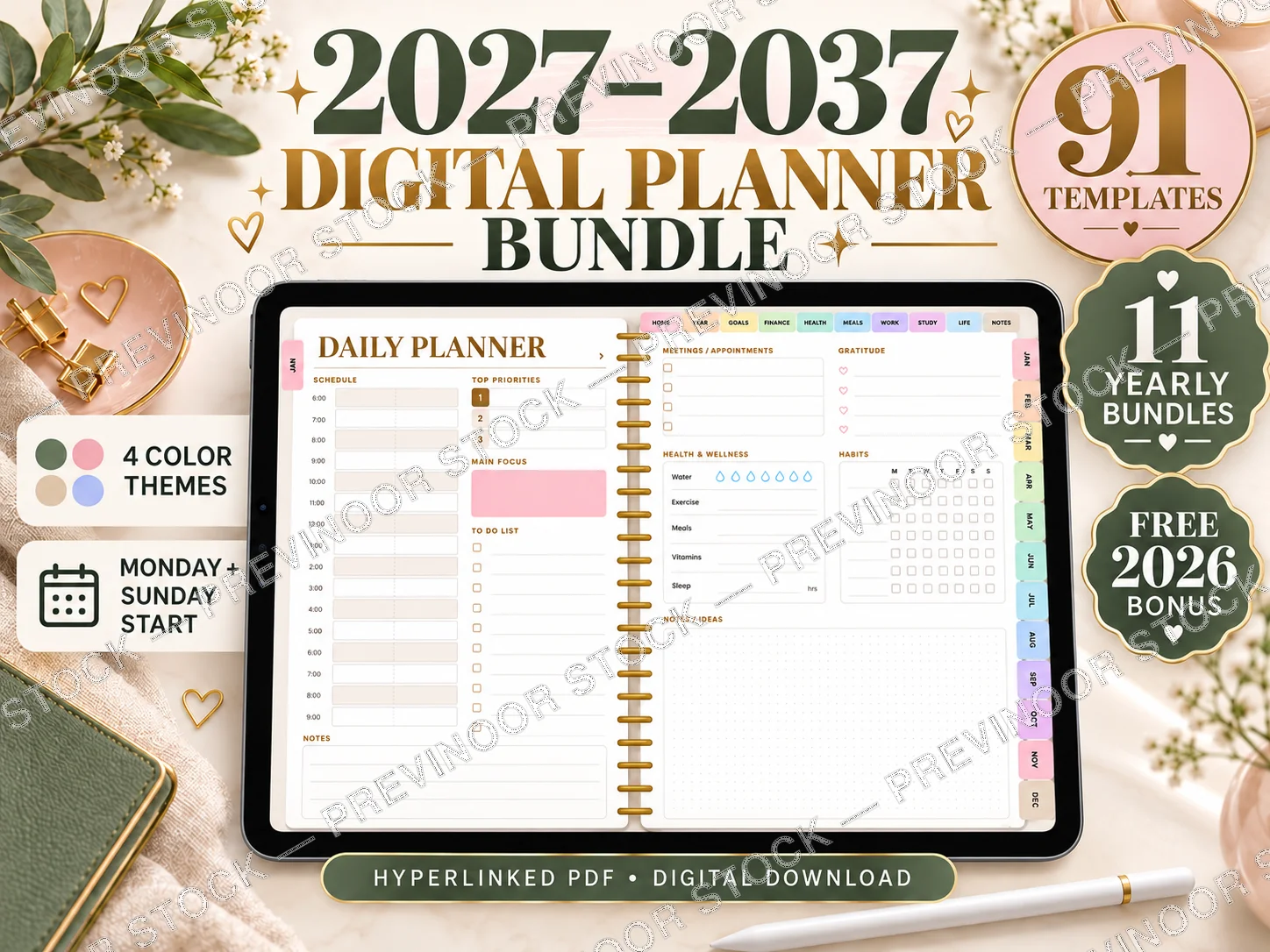 Digital tablet displaying a daily planner page from the 2027-2037 bundle