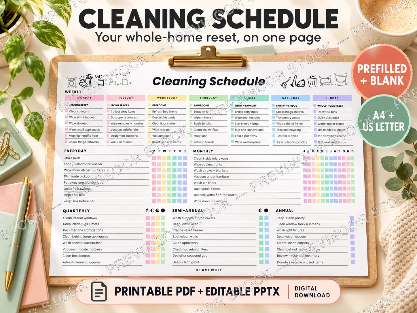 Home Reset Cleaning Schedule, Printable Household Chore Chart, PDF and Editable PowerPoint