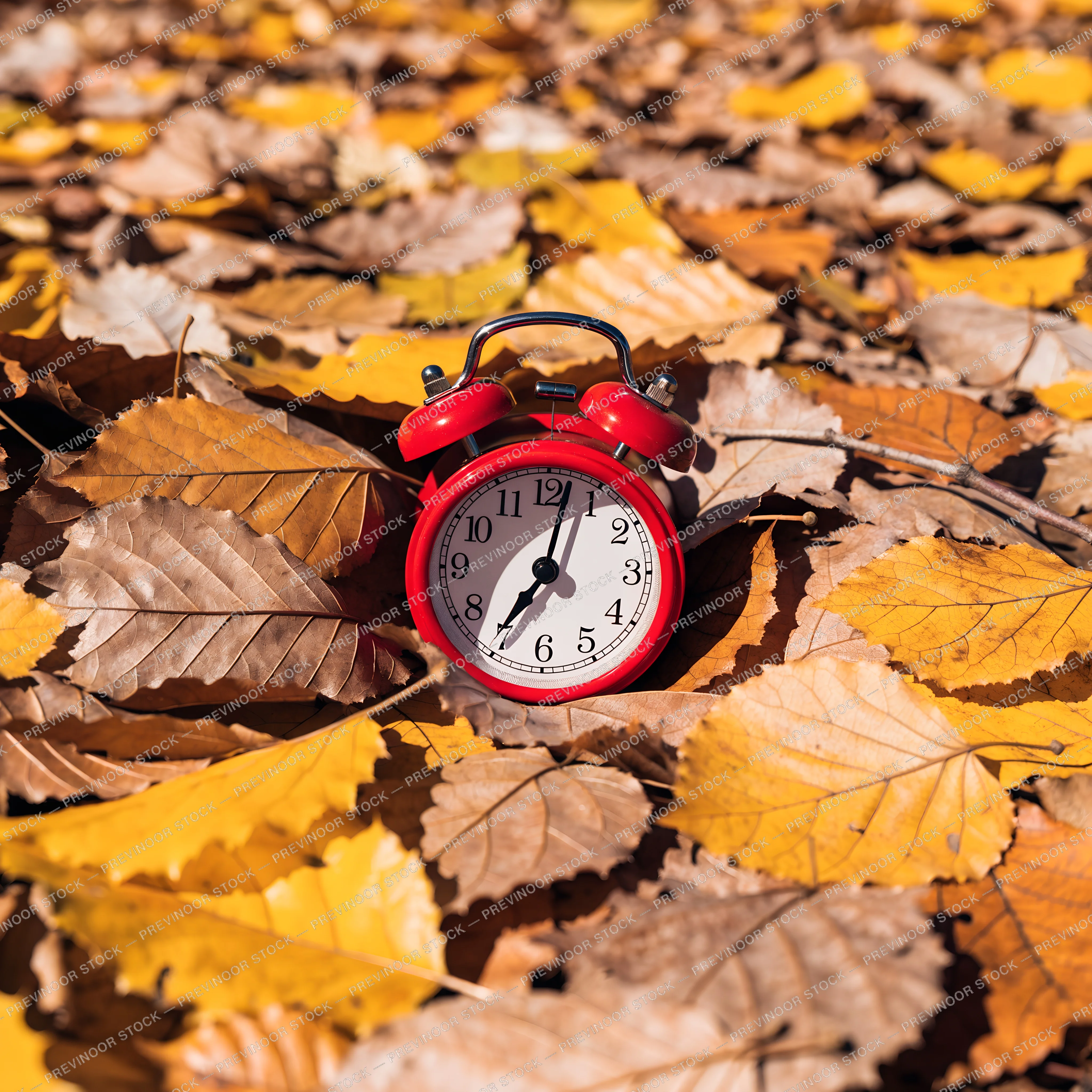 Square image of a red twin-bell alarm clock surrounded by sunlit yellow and brown autumn leaves.