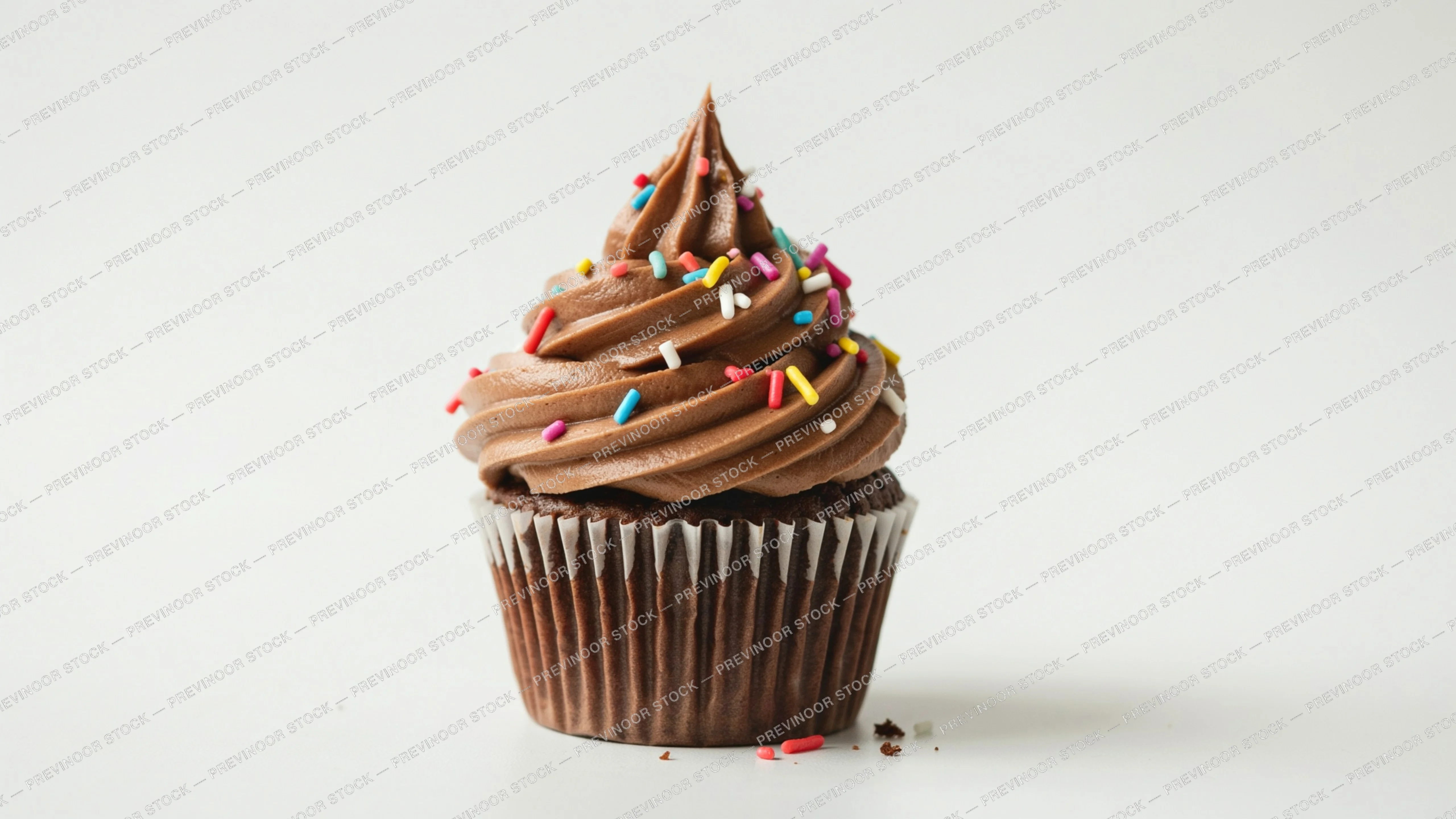 Centered chocolate cupcake with chocolate frosting and sprinkles on a plain white background.