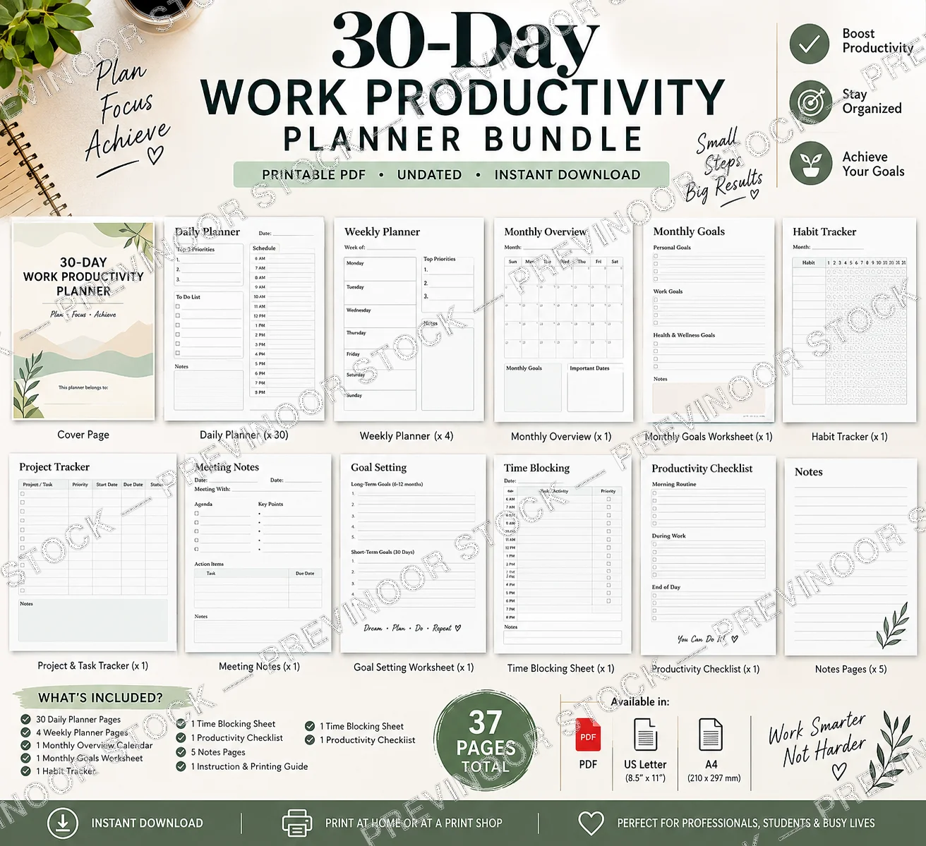 Overview of all 37 pages included in the 30-Day Work Productivity Planner bundle