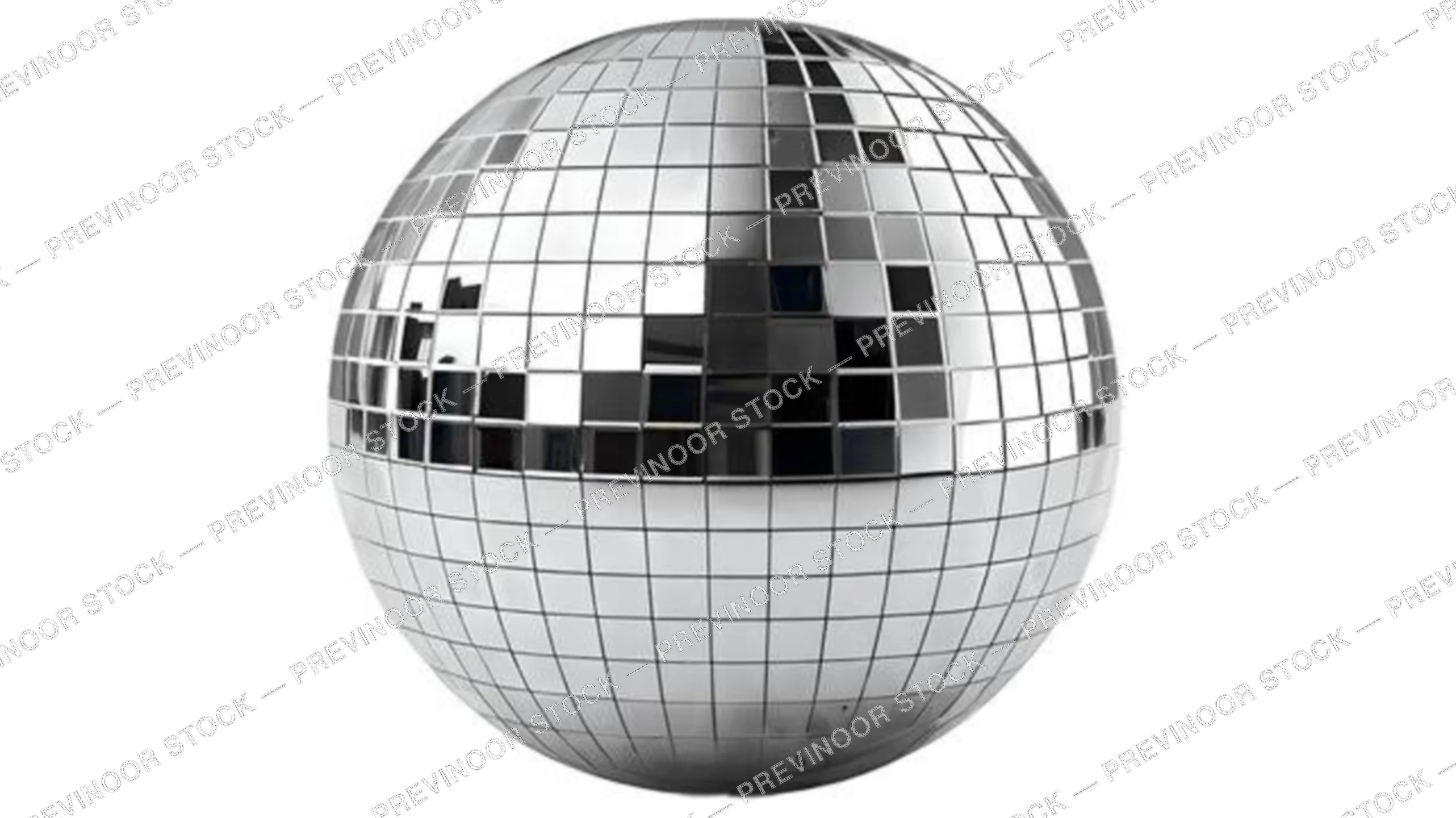 Reflective silver disco ball sphere with mirrored tiles centered on a solid white background.